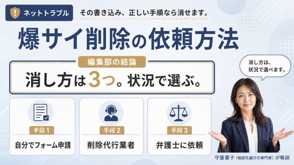 ネットトラブルの爆サイ削除の依頼方法｜自分でフォーム申請・削除代行・弁護士の3手段の選び方を解説するインフォグラフィック