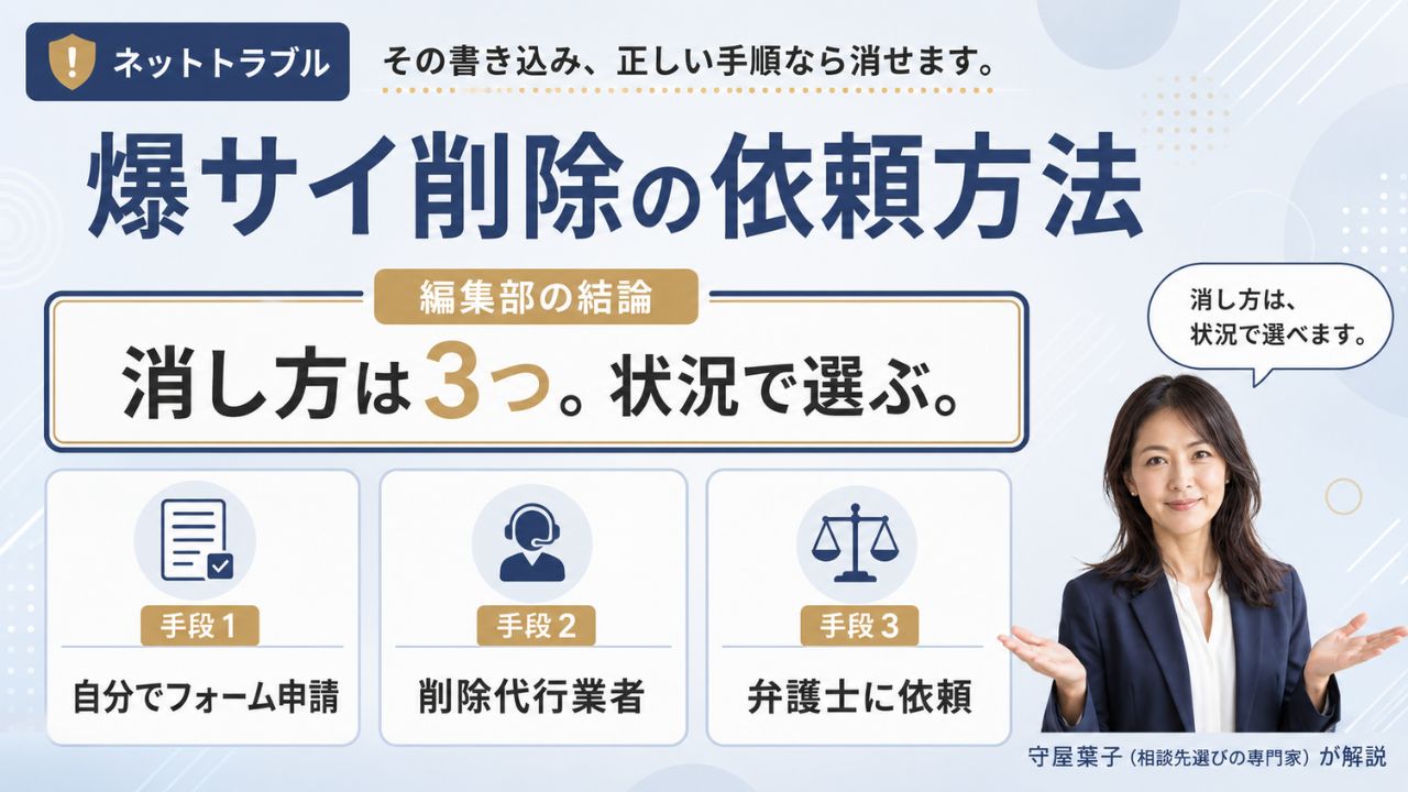 ネットトラブルの爆サイ削除の依頼方法｜自分でフォーム申請・削除代行・弁護士の3手段の選び方を解説するインフォグラフィック
