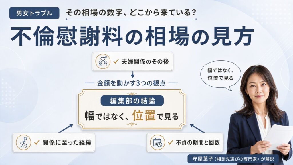 男女トラブルの不倫慰謝料の相場｜夫婦関係のその後・不貞の期間と回数・関係に至った経緯という金額を動かす3つの観点の見方を解説するインフォグラフィック