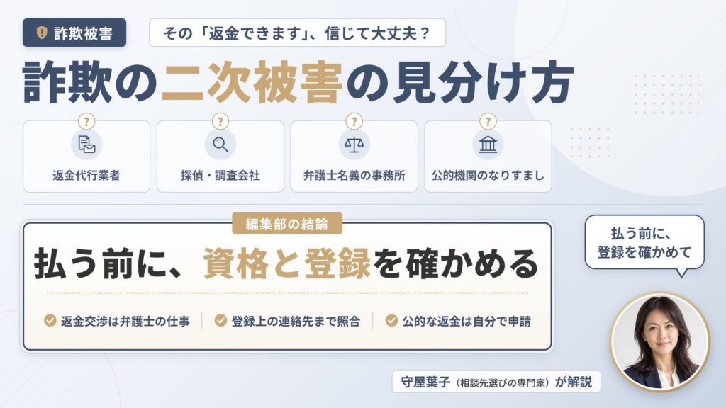 詐欺被害の二次被害対策｜「返金できます」と近づく相手の4タイプと見分け方、安全な相談先の選び方を解説するインフォグラフィック