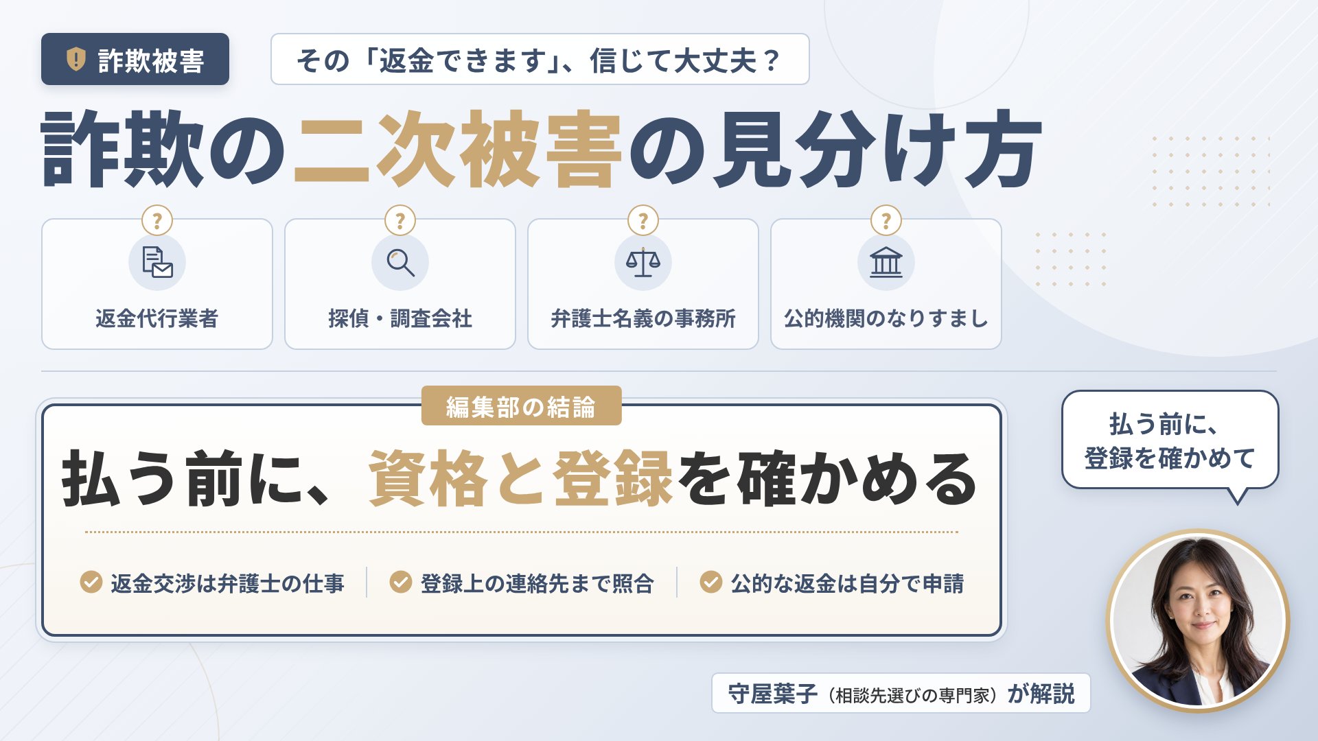 詐欺被害の二次被害対策｜「返金できます」と近づく相手の4タイプと見分け方、安全な相談先の選び方を解説するインフォグラフィック