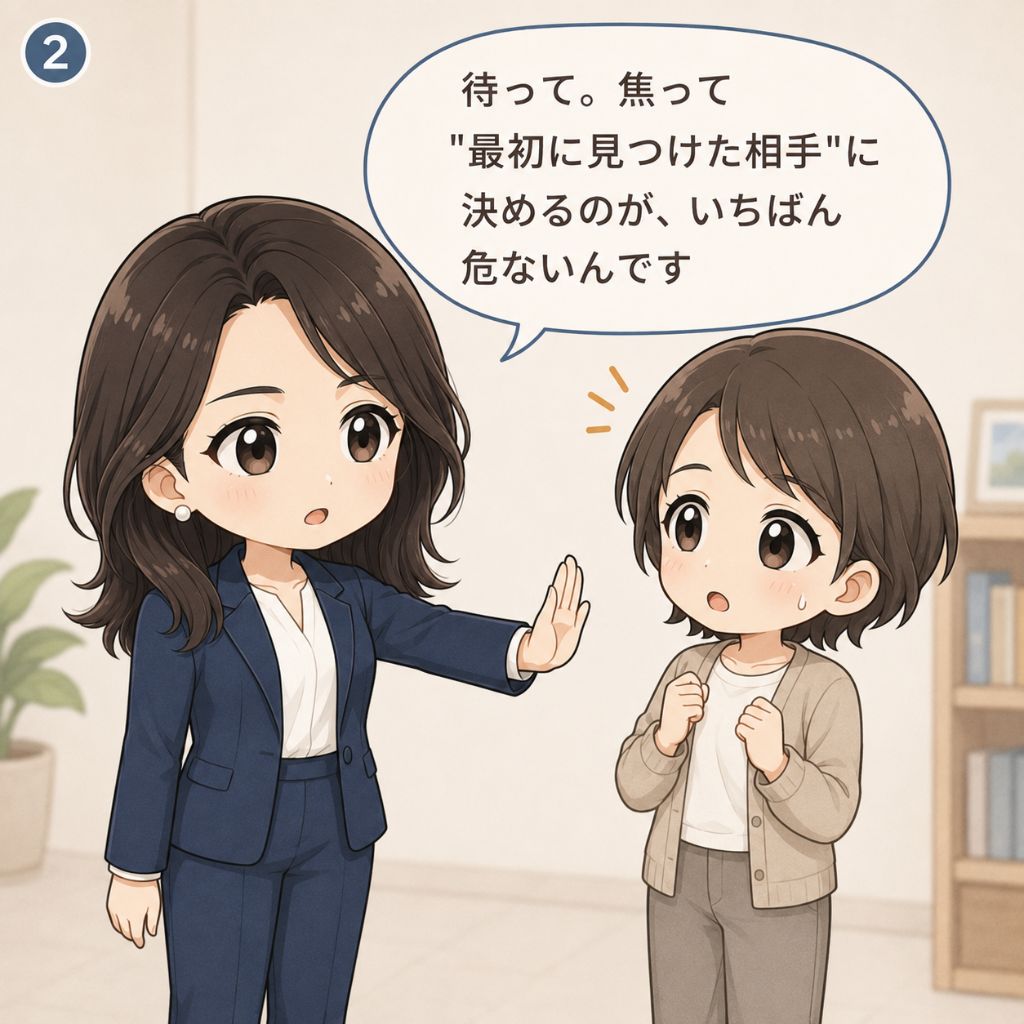 相談先の選び方で失敗しないために。専門家が「焦って最初に見つけた相手に決めるのがいちばん危ない」と手を差し伸べ、驚いて顔を上げる相談者の場面。立ち止まる大切さを伝える2コマ目。