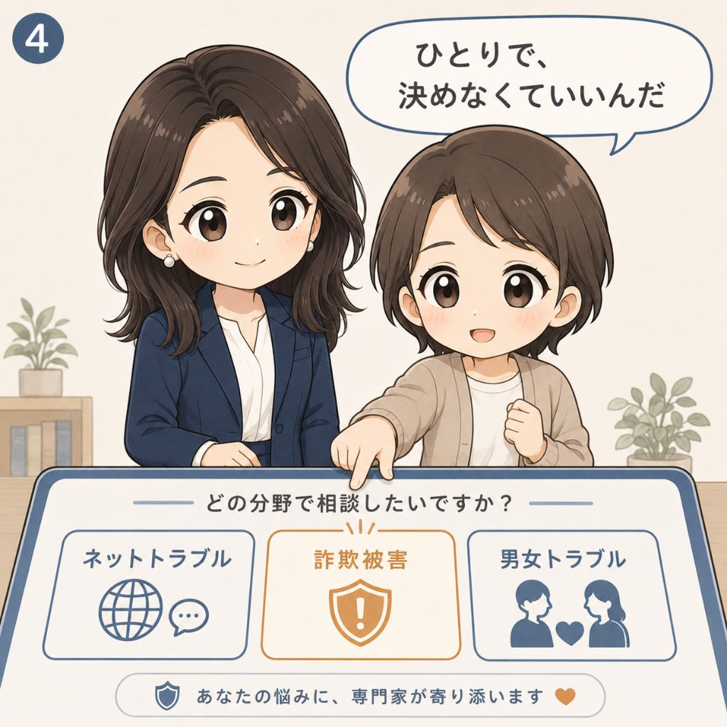 相談の始め方。落ち着いた表情の相談者が「ネットトラブル」「詐欺被害」「男女トラブル」の3つの入口から自分に合う相談先を選び始め、専門家が見守る場面。「ひとりで決めなくていい」と前を向く4コマ目。