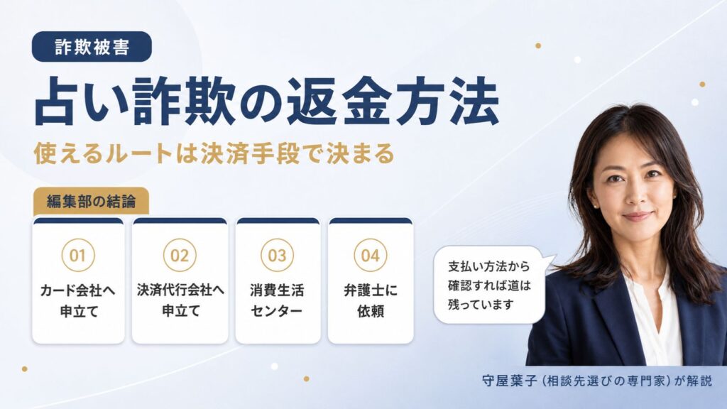 詐欺被害の占い詐欺の返金方法｜カード会社・決済代行会社・消費生活センター・弁護士の4ルートの選び方を解説するインフォグラフィック