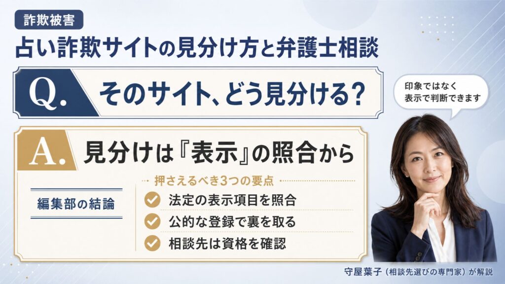 詐欺被害の占い詐欺サイトの見分け方｜法定表示の照合・公的登録での確認・弁護士など相談先の選び方を解説するインフォグラフィック