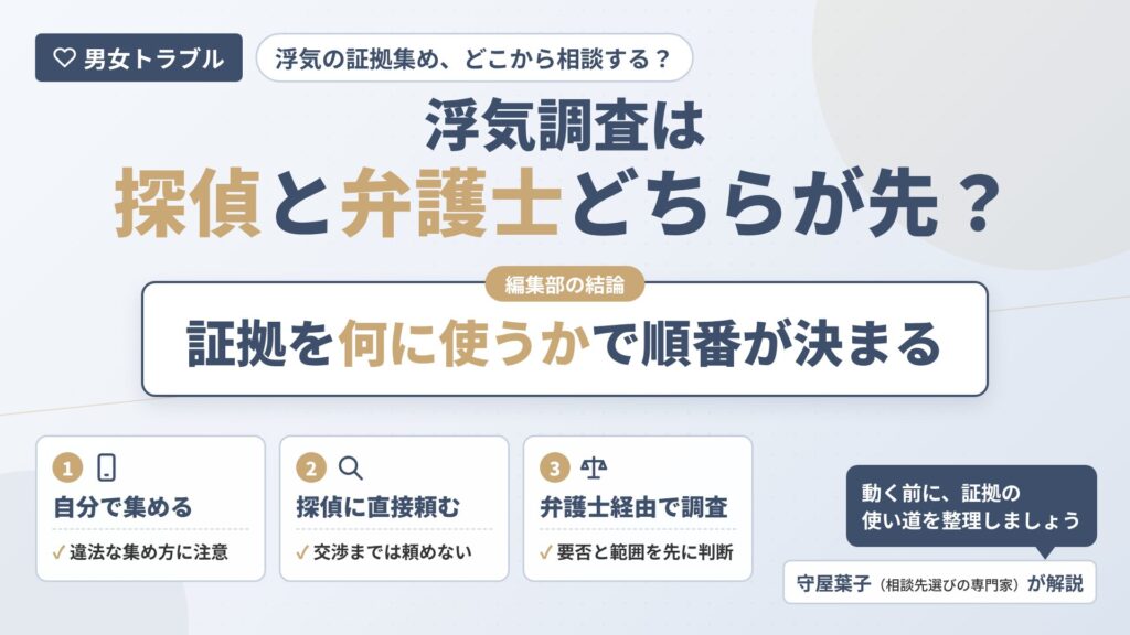 男女トラブルの浮気調査は探偵と弁護士どちらが先か｜自分で集める・探偵に直接頼む・弁護士に相談してから調査する3手段の選び方を解説するインフォグラフィック